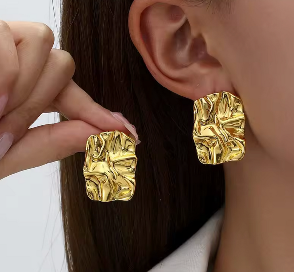 Stainless Steel Pleated Square Stud Earrings for Women