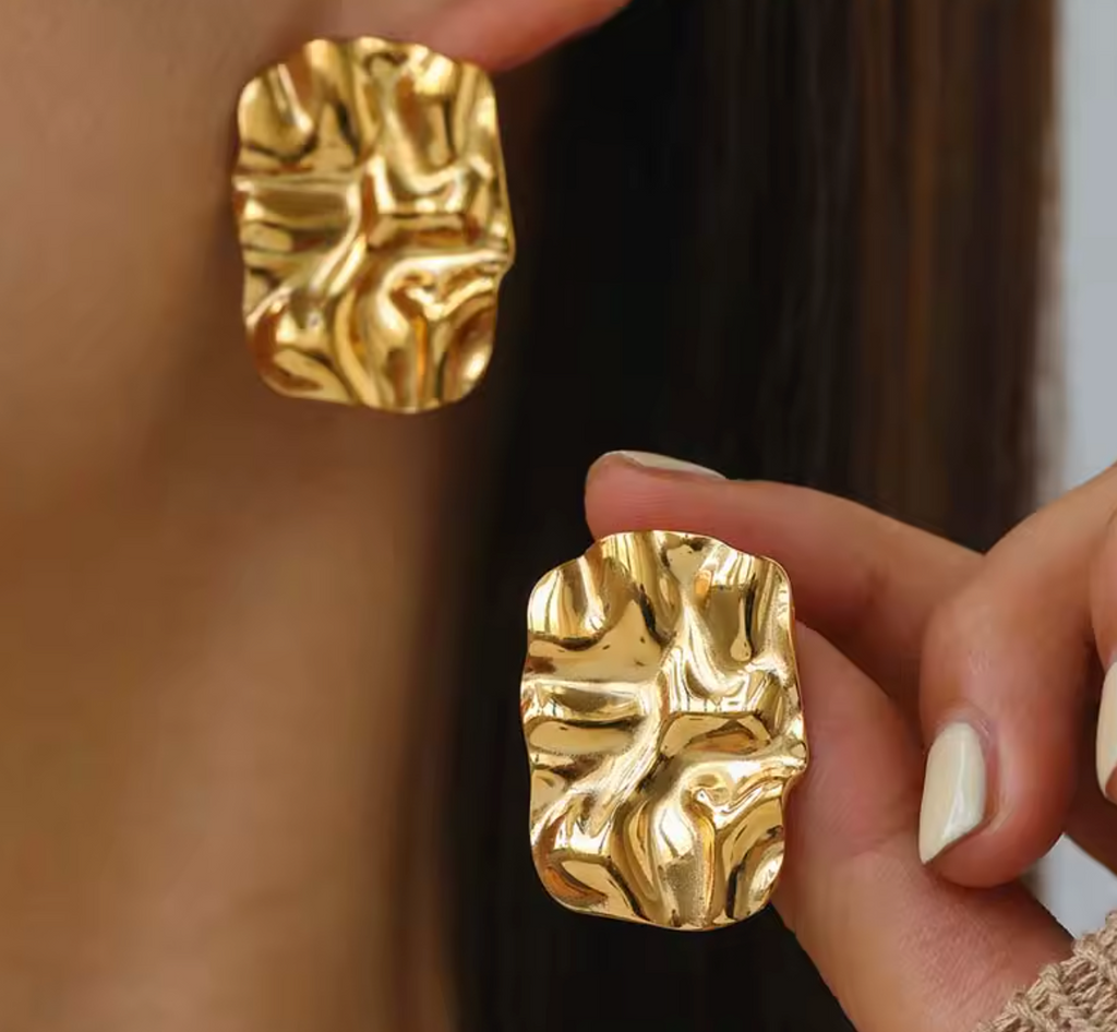 Stainless Steel Pleated Square Stud Earrings for Women