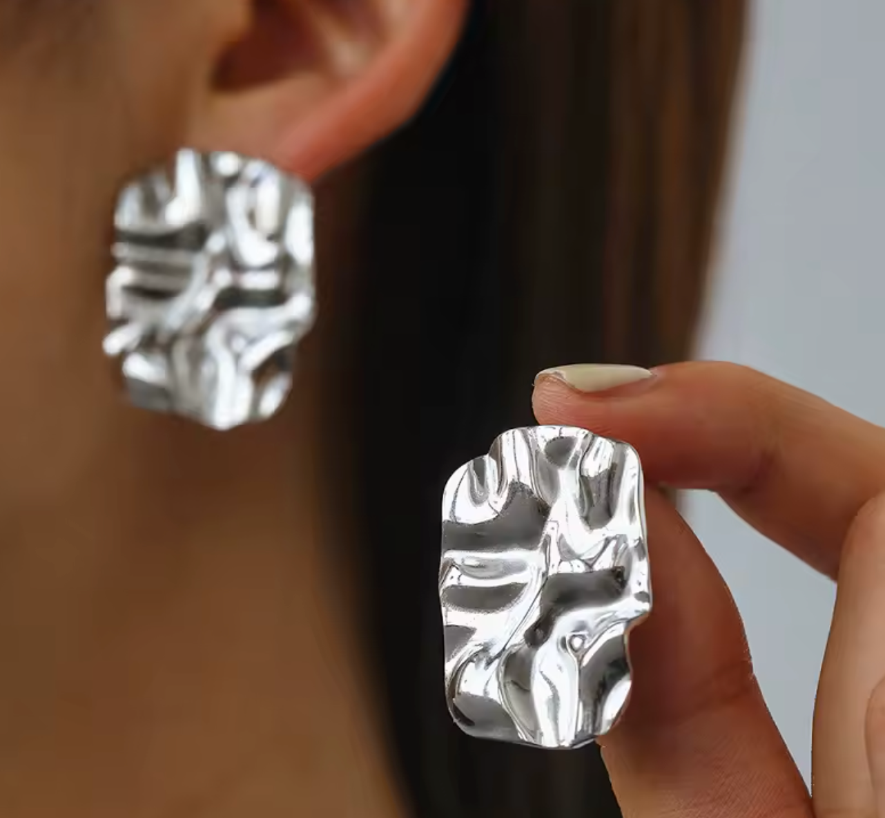Stainless Steel Pleated Square Stud Earrings for Women