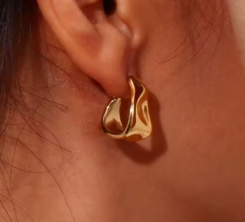 Gold Color Irregular Pleated C-Shaped Stud Earrings for Women