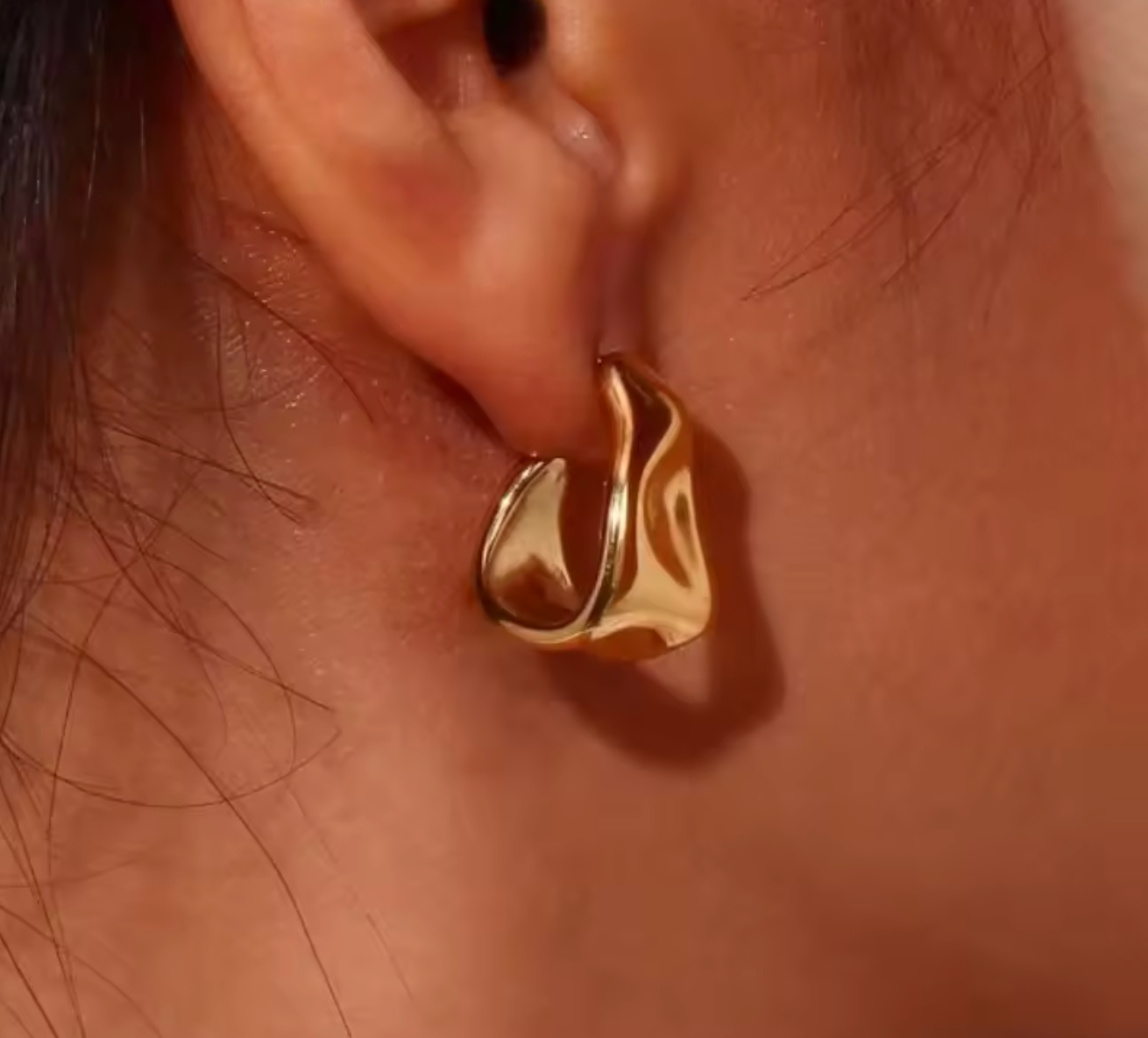 Gold Color Irregular Pleated C-Shaped Stud Earrings for Women