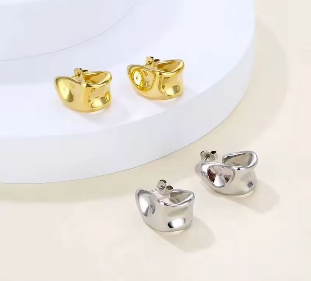 Gold Color Irregular Pleated C-Shaped Stud Earrings for Women